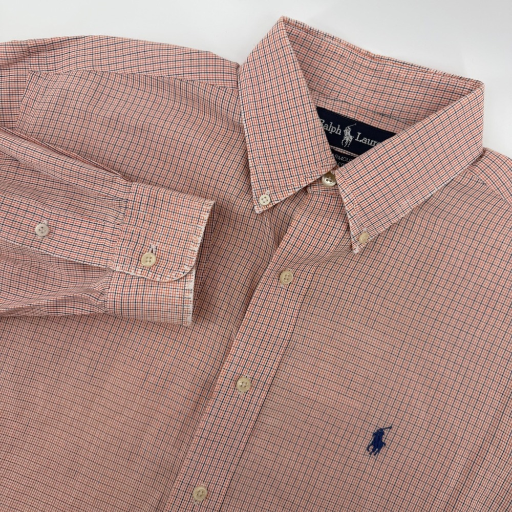 Ralph Lauren Button Down Shirt Mens 16 32/33 Orange Micro Check Yarmouth Cotton